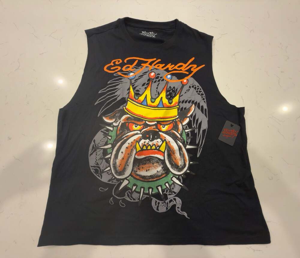 Ed Hardy Bulldog Crown Graphic Black Cut Off Tank Top XL New with Tags
